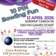 10 Pin Bowling Fun Flyer featuring white background with purple and green ribbons at the top. Logos and a red banner occupy the upper corners. A 3D blue bowling ball and pins on the left contrast a cartoon purple ball hitting pins in the bottom right.