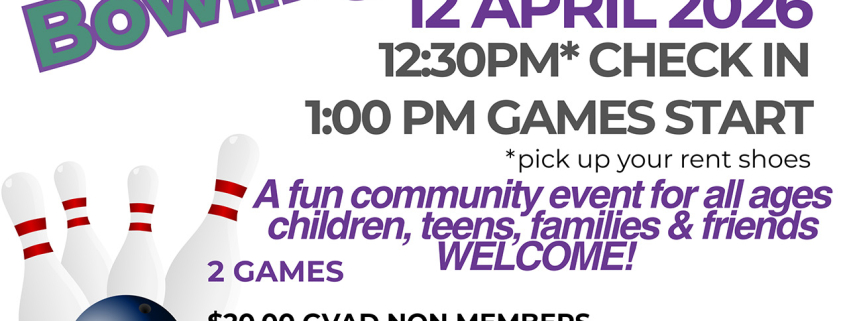 10 Pin Bowling Fun Flyer featuring white background with purple and green ribbons at the top. Logos and a red banner occupy the upper corners. A 3D blue bowling ball and pins on the left contrast a cartoon purple ball hitting pins in the bottom right.