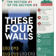 A portrait-format event flyer with a cream background. The centre features a dark, moody photograph of a large institutional building overlaid with the bold white title "THESE FOUR WALLS." A row of six gold film festival laurel badges sits below it, alongside a photo of five panellists on stage, some using wheelchairs and walkers. The right side has a teal-bordered info panel. The footer is a solid dark red bar with the GVAD website and tagline in white.