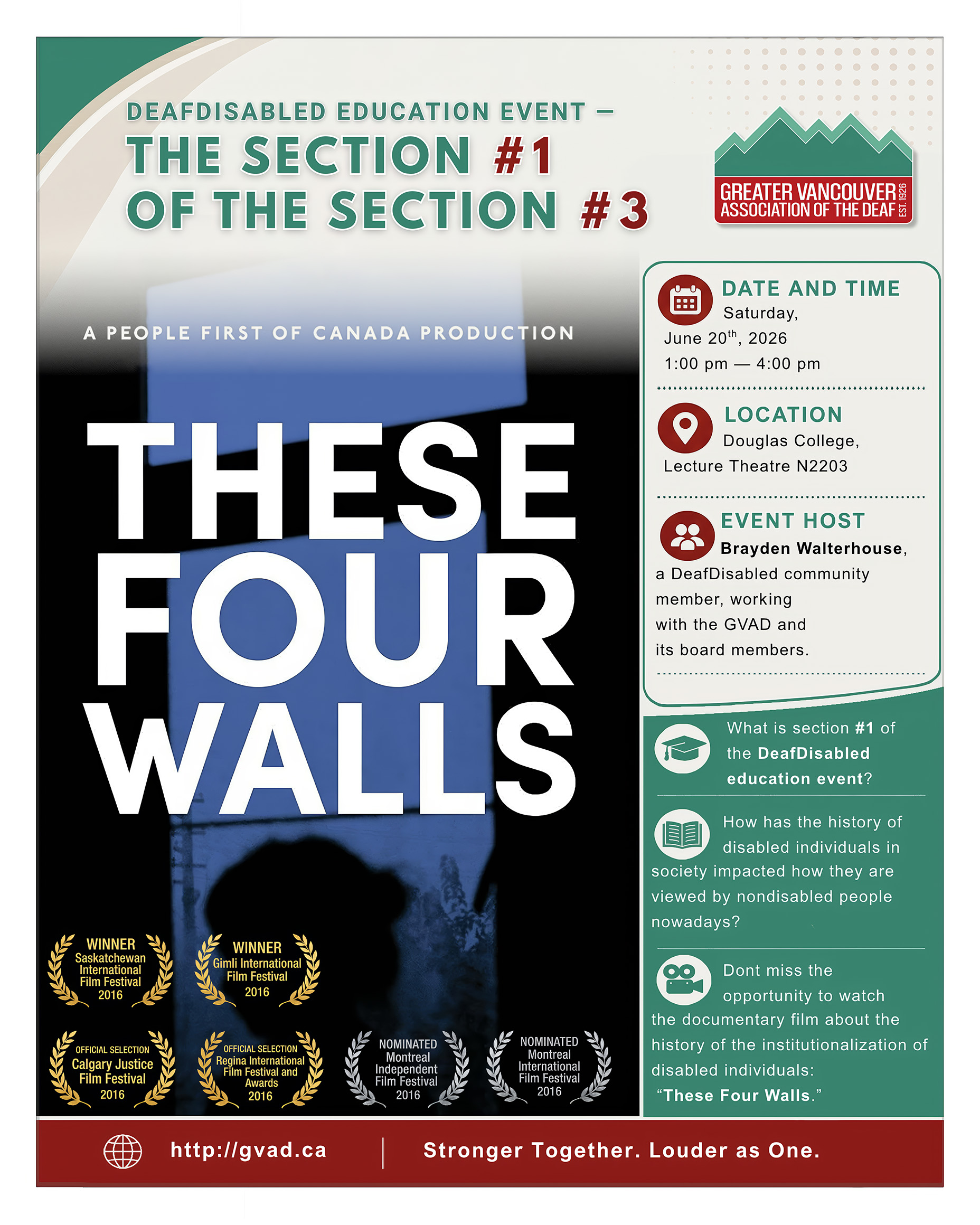 DeafDisabled Education Event Section A portrait-format event flyer with a cream background. The centre features a dark, moody photograph of a large institutional building overlaid with the bold white title "THESE FOUR WALLS." A row of six gold film festival laurel badges sits below it, alongside a photo of five panellists on stage, some using wheelchairs and walkers. The right side has a teal-bordered info panel. The footer is a solid dark red bar with the GVAD website and tagline in white.
