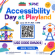 The flyer features a bright, multicolored event title, a date, and a central QR code on a clean white background. Stylized vector illustrations of a carousel and a Ferris wheel frame the lower portion, which includes a promo code, a booking button, and contact links at the bottom.
