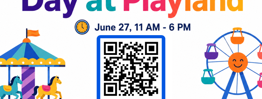 The flyer features a bright, multicolored event title, a date, and a central QR code on a clean white background. Stylized vector illustrations of a carousel and a Ferris wheel frame the lower portion, which includes a promo code, a booking button, and contact links at the bottom.
