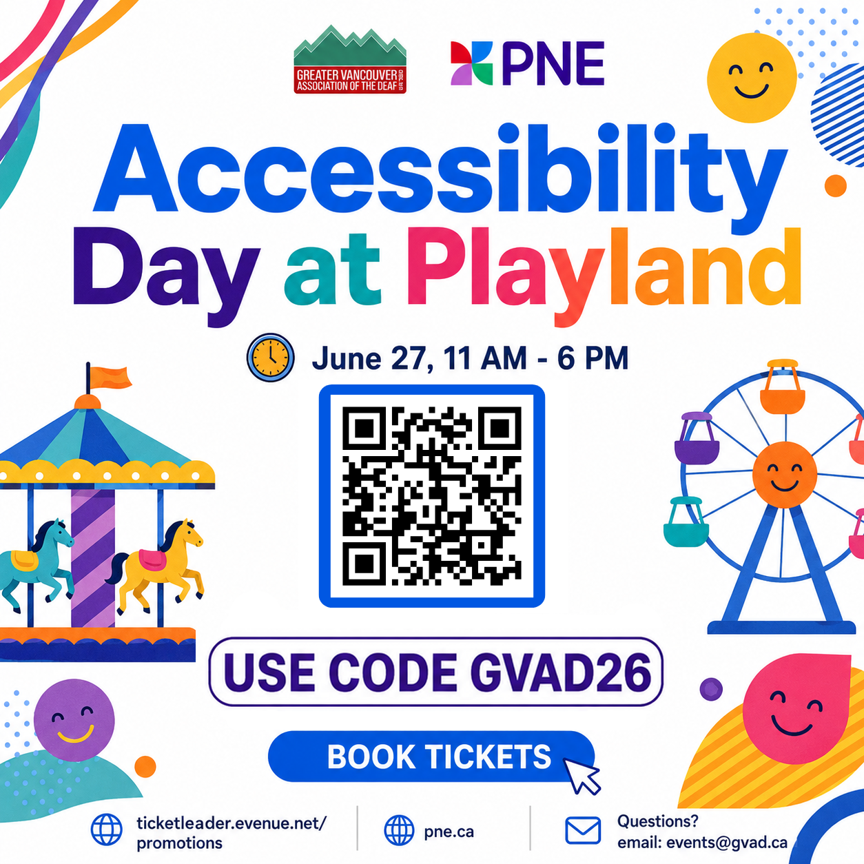 The flyer features a bright, multicolored event title, a date, and a central QR code on a clean white background. Stylized vector illustrations of a carousel and a Ferris wheel frame the lower portion, which includes a promo code, a booking button, and contact links at the bottom.