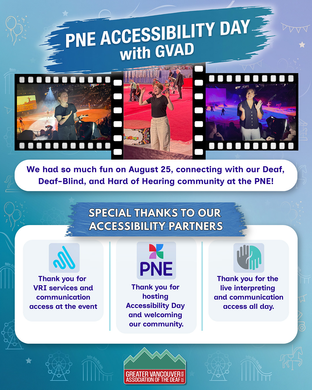 PNE Accessibility Day with GVAD flyer with photos, thank-you message, and partner logos." festive flyer with a blue-teal gradient background and faint carnival line art. Three photos in a film-strip frame show a person signing and celebrating at PNE attractions, including an ice show and a red carpet stage. Below, a thank-you message and partner acknowledgment cards for Wavefront, PNE, and Still Interpreting appear on white backgrounds, with the GVAD logo at the bottom.