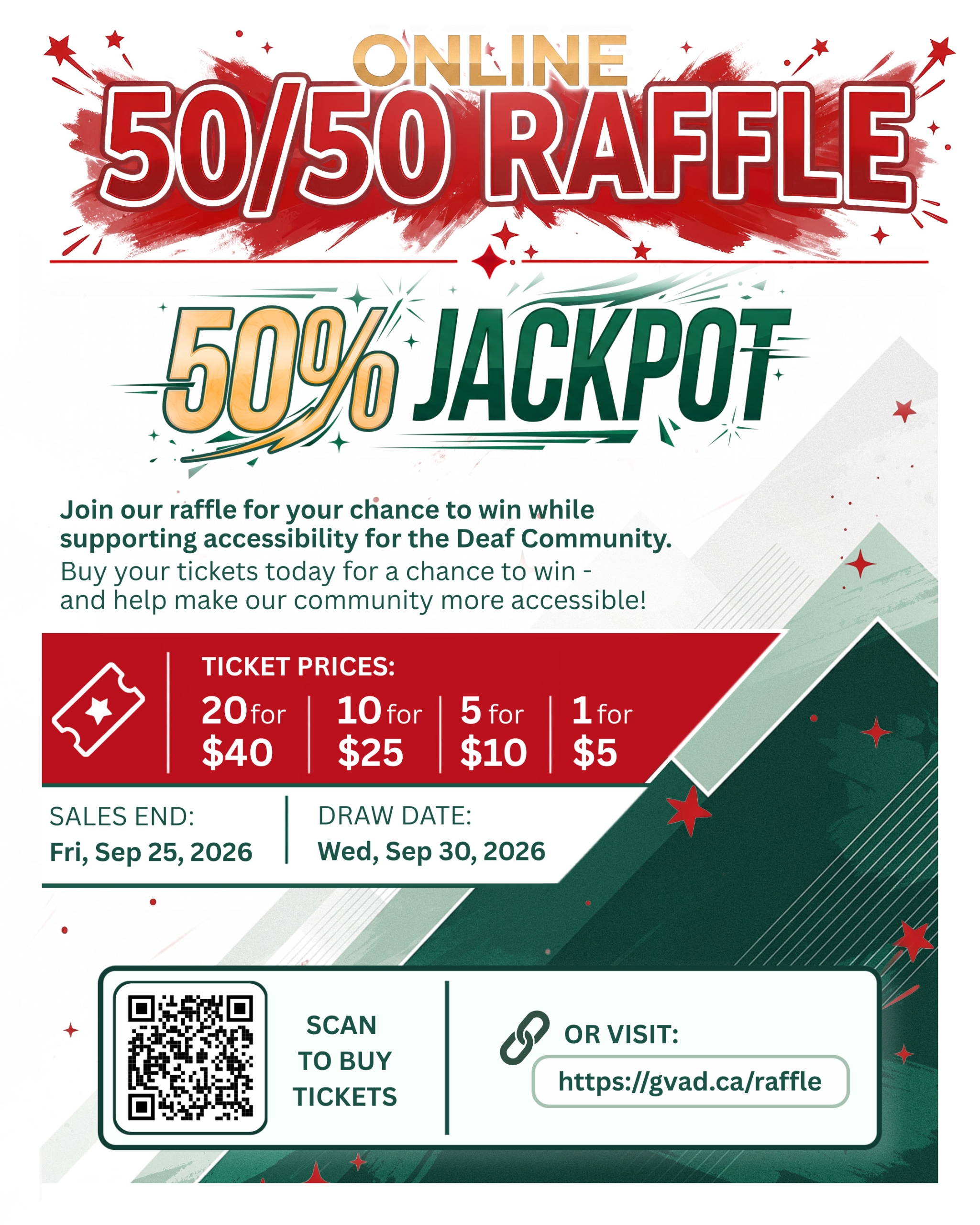 A festive raffle flyer with bold red "50/50 RAFFLE" and golden "online" text. Golden and green "50% JACKPOT" lettering, decorated with stars and sparkles. Below, a red banner lists ticket prices, followed by sales and draw dates, a QR code, and the raffle link. The background has a teal and white mountains geometric pattern.