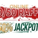 A festive raffle flyer with bold red "50/50 RAFFLE" and golden "online" text. Golden and green "50% JACKPOT" lettering, decorated with stars and sparkles. Below, a red banner lists ticket prices, followed by sales and draw dates, a QR code, and the raffle link. The background has a teal and white mountains geometric pattern.