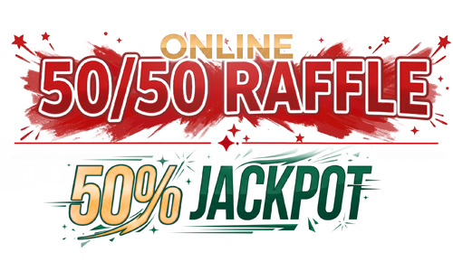 A festive raffle flyer with bold red "50/50 RAFFLE" and golden "online" text. Golden and green "50% JACKPOT" lettering, decorated with stars and sparkles. Below, a red banner lists ticket prices, followed by sales and draw dates, a QR code, and the raffle link. The background has a teal and white mountains geometric pattern.