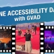 PNE Accessibility Day with GVAD flyer with photos, thank-you message, and partner logos." festive flyer with a blue-teal gradient background and faint carnival line art. Three photos in a film-strip frame show a person signing and celebrating at PNE attractions, including an ice show and a red carpet stage.