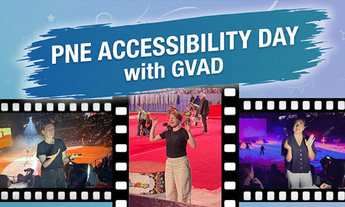 PNE Accessibility Day with GVAD flyer with photos, thank-you message, and partner logos." festive flyer with a blue-teal gradient background and faint carnival line art. Three photos in a film-strip frame show a person signing and celebrating at PNE attractions, including an ice show and a red carpet stage.