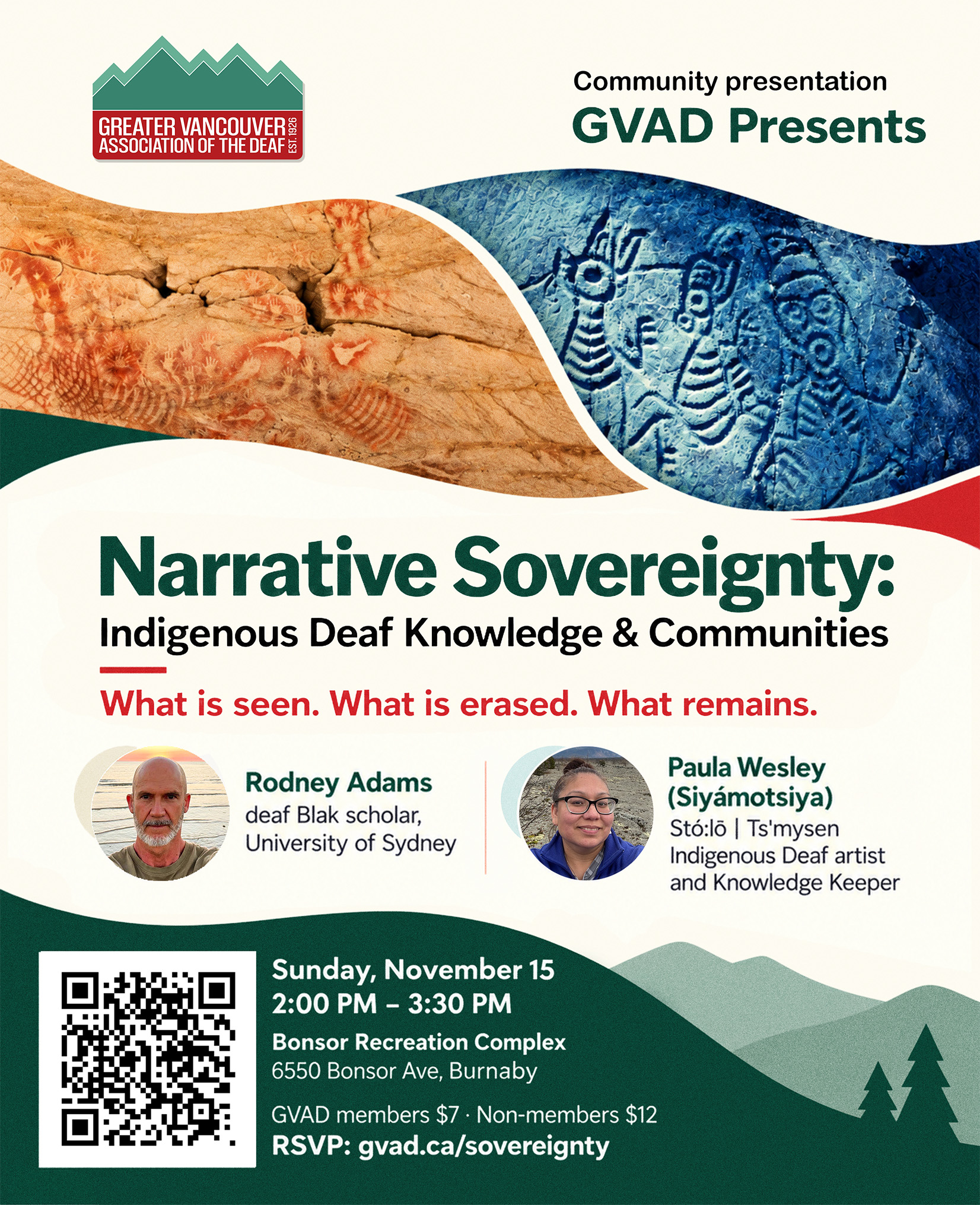 Flyer for Narrative Sovereignty, a GVAD presentation with Rodney Adams and Paula Wesley on November 15.
