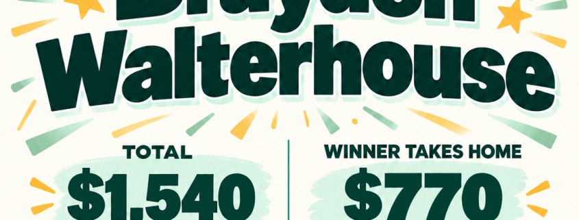 GVAD 50/50 raffle winner announcement poster with confetti, stars, and a megaphone icon.